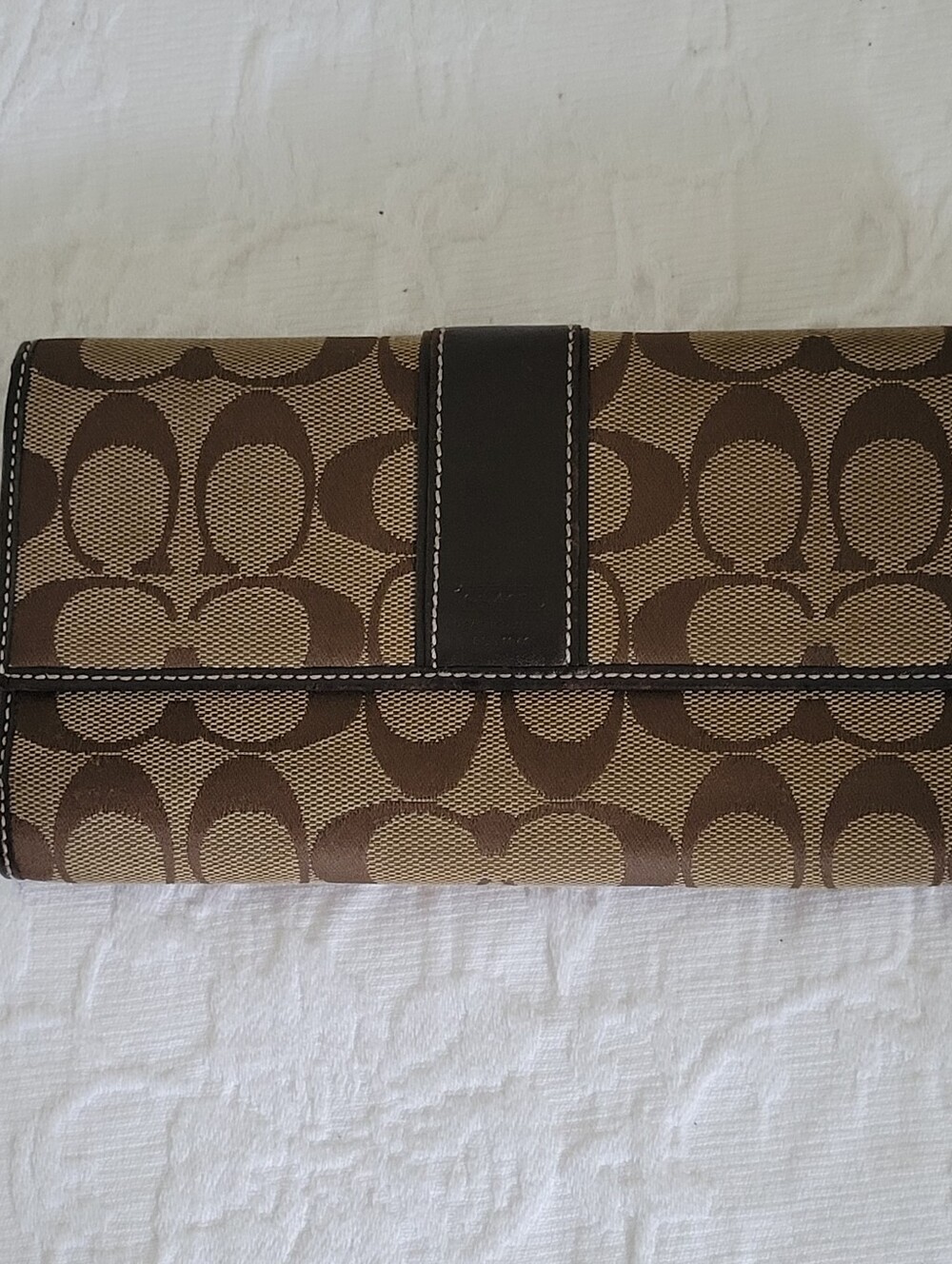 Coach Legacy Signature Leather Stripe Checkbook Trifold Clutch Wallet Brown